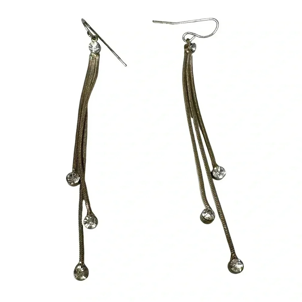 Fishhook dangle earrings with clear sparkly rhinestones Silver metal